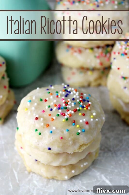 Delicate and moist Italian Ricotta Cookies, often glazed and adorned with sprinkles, a cherished and traditional holiday treat.