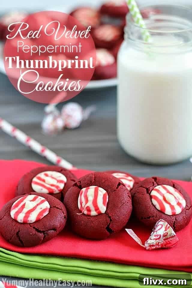 Vibrantly colored Red Velvet Thumbprints with a festive peppermint filling, offering a delightful combination of classic holiday flavors.