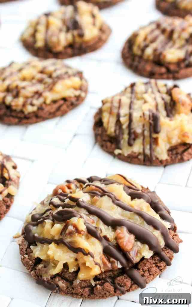 Delicious German chocolate cookies cooling on a wire rack, showcasing their rich texture and appealing appearance, ready to be enjoyed as a holiday treat.