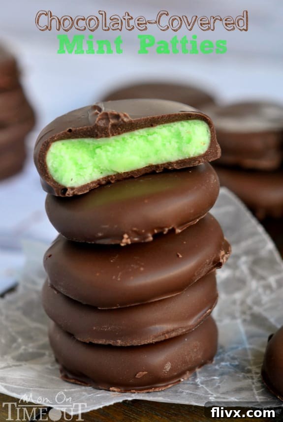 Smooth and refreshing Chocolate Covered Mint Patties, featuring a cool mint center encased in rich dark chocolate, a classic indulgence.