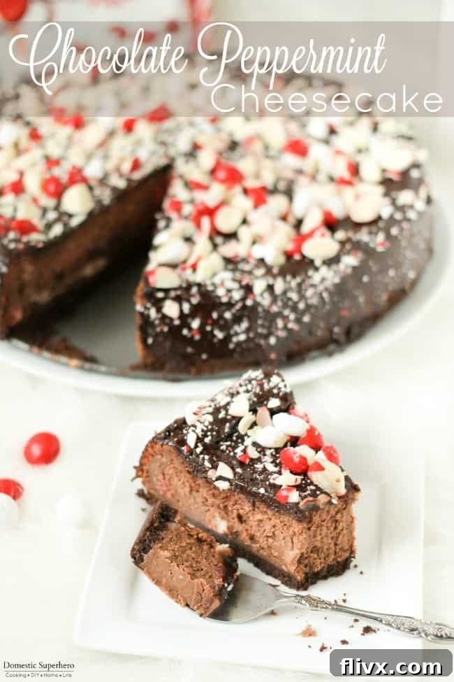 Decadent Chocolate Peppermint Cheesecake, elegantly topped with rich chocolate ganache and festive peppermint pieces, a perfect holiday dessert.