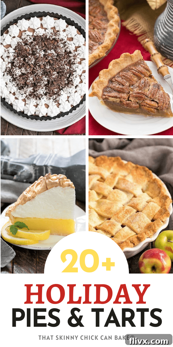 Assortment of festive holiday pies and tarts, including fruit, chocolate, and cream varieties, beautifully arranged for a celebration.
