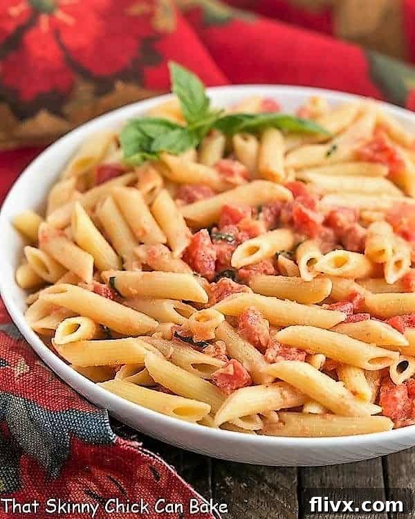 Close up of Penne alla Vodka in a serving bowl