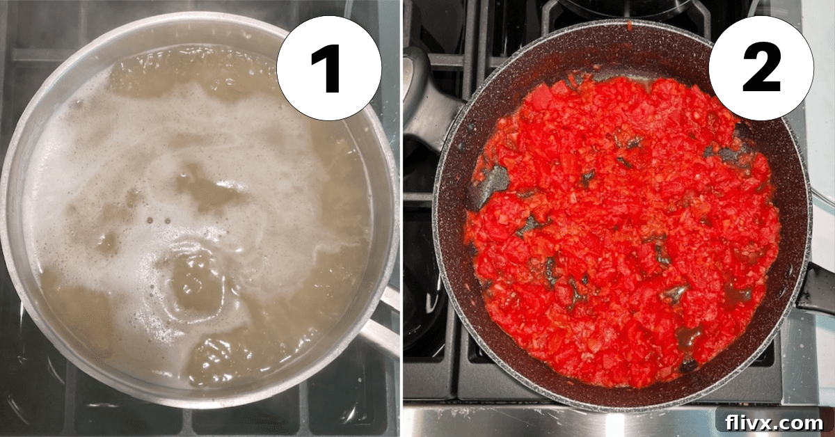 Penne alla Vodka process shots 1, 2.