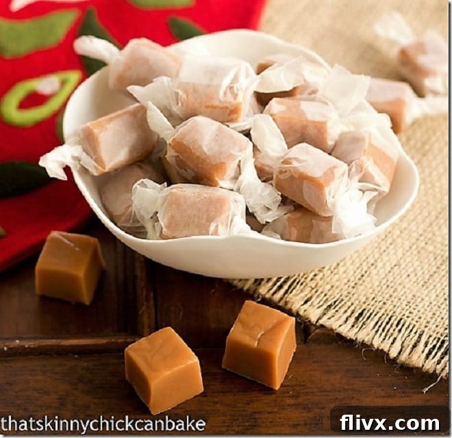 Brown Sugar Caramels wrapped in wax paper in a white bowl.