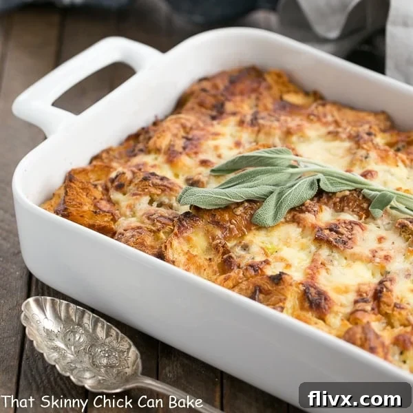 Sausage Croissant French Toast Casserole in a white baking dish.