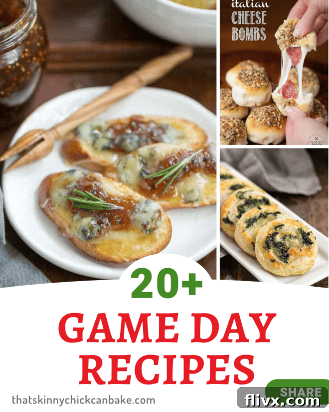 A collage of various delicious game day recipes, featuring appetizers, dips, and finger foods, with a title text box.