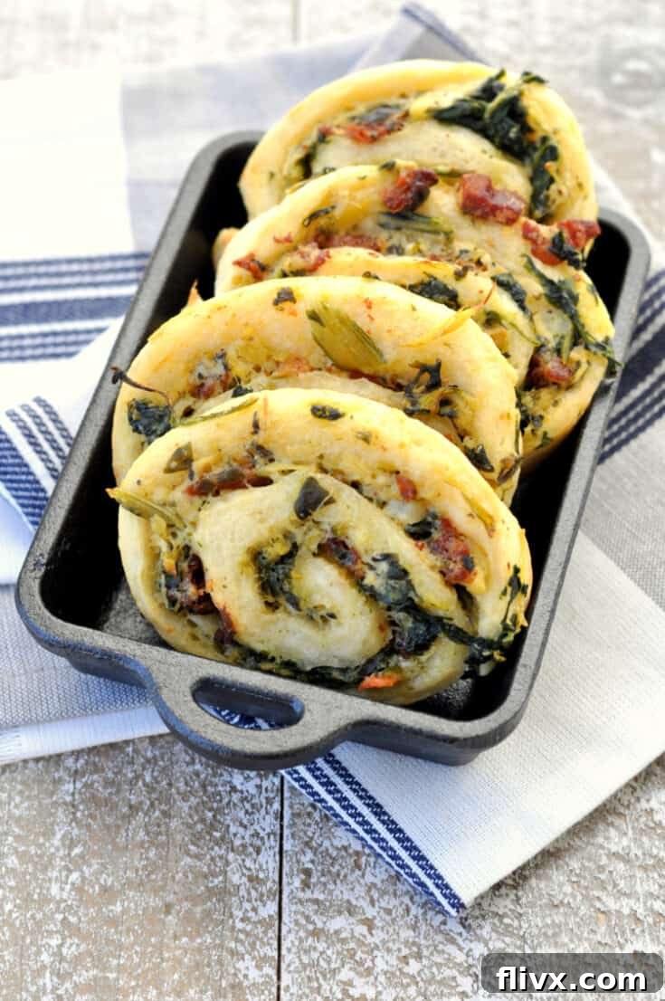 Bacon Spinach Roll Ups made with pizza dough.