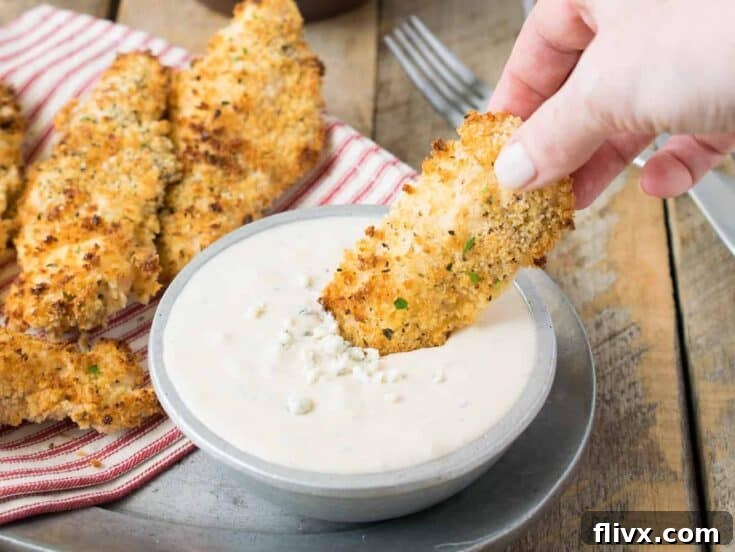 Baked Chicken Tenders with Buffalo Blue Cheese Sauce.