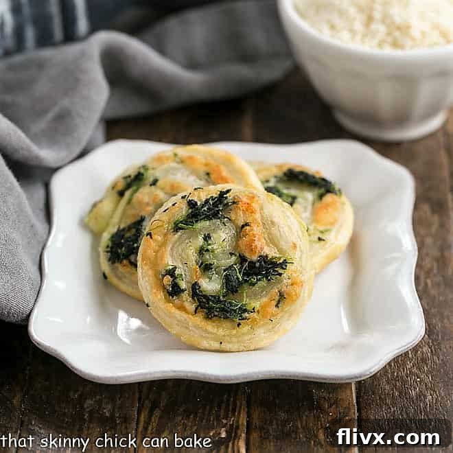 Muenster and Spinach Pinwheels, golden-brown and spiraled.