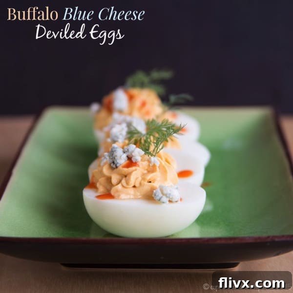 Deviled eggs with a Buffalo Blue Cheese topping.