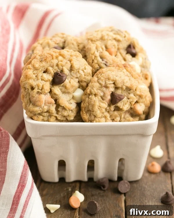 A ceramic container overflowing with golden Triple Threat Oatmeal Cookies, featuring visible melty chocolate and butterscotch chips.