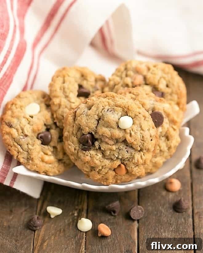 A close-up of Triple Threat Oatmeal Cookies arranged artfully in a white leaf-shaped dish, showcasing their golden brown edges and melty chips.