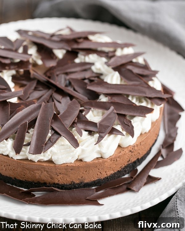 Delicious chocolate shards gracefully adorn a rich Chocolate Mousse cake, offering an elegant and impressive chocolate decoration perfect for cakes, tarts, and various chocolate desserts.