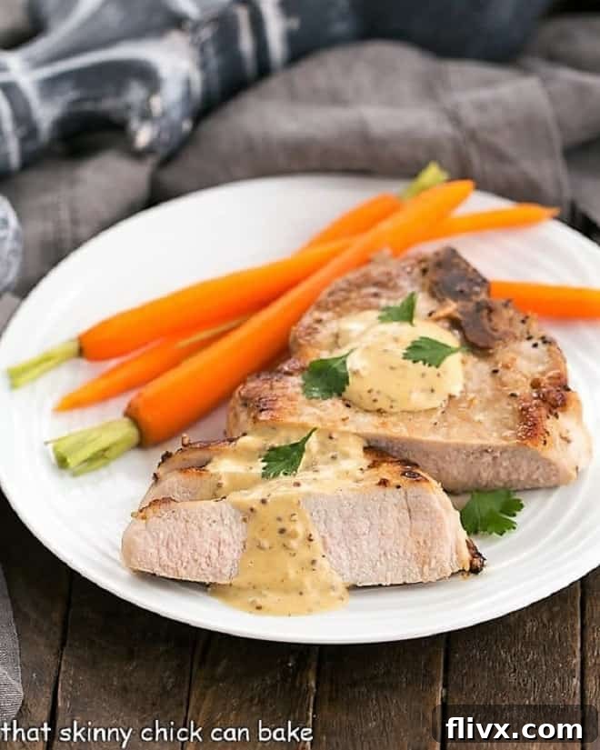 Pan-seared Pork Chops Dijonnaise on a white plate, served with vibrant carrots and a rich, creamy mustard sauce drizzled over.