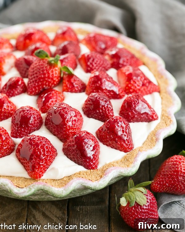 A vibrant Strawberry Cream Pie displayed in a charming green pie plate, garnished with fresh berries.