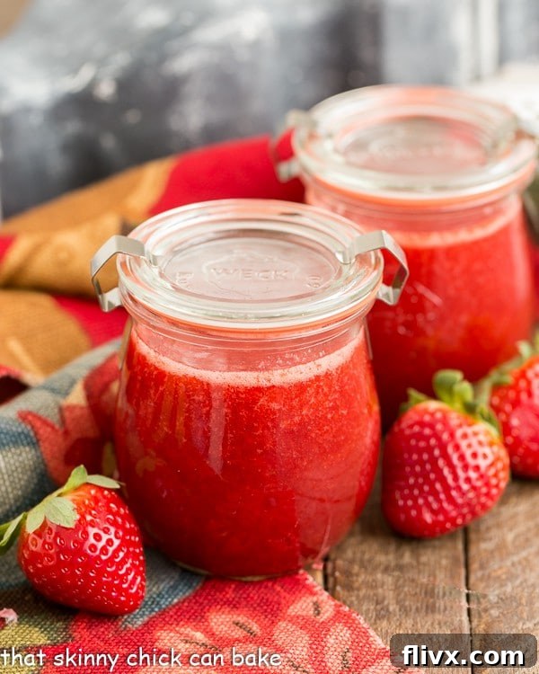 Two small glass Weck jars filled with rich, homemade strawberry sauce, elegantly presented amidst a scattering of fresh, vibrant strawberries on a rustic surface.