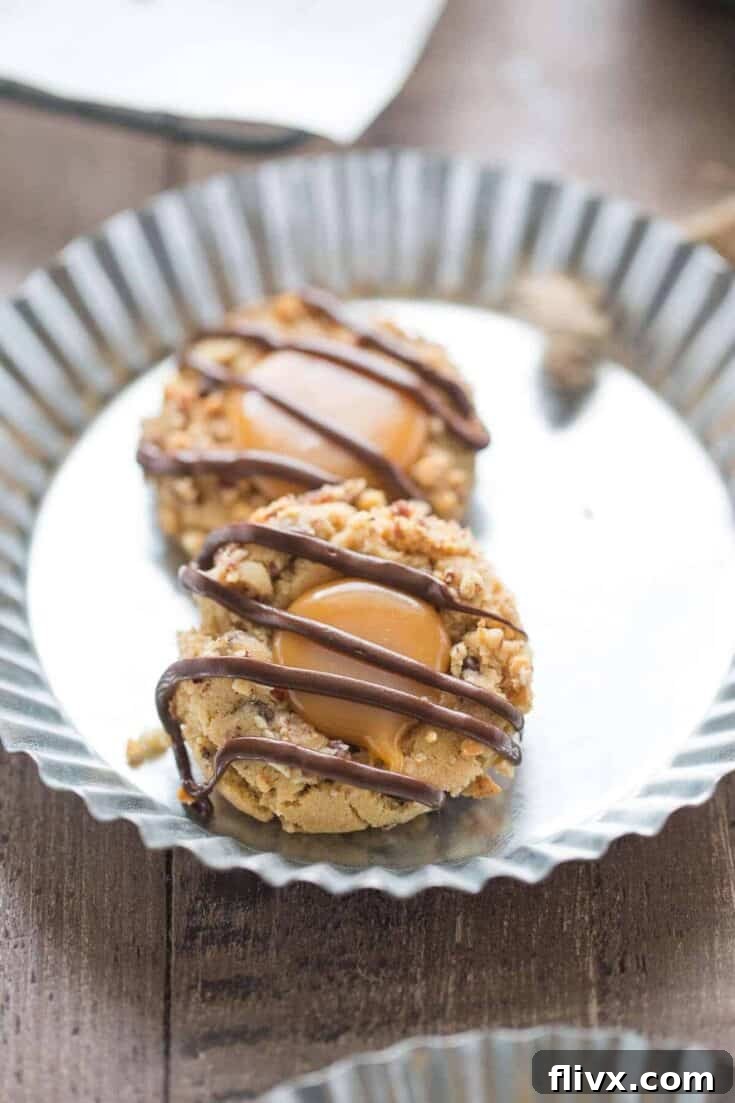 Peanut Butter Turtle Cookies with caramel and pecans