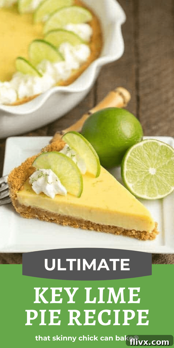 Key Lime Pie with Graham Cracker Crust photo and text collage featuring recipe details and serving suggestions