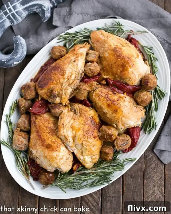 Overhead view of Chicken Scarpariello on a white platter garnished with fresh rosemary.
