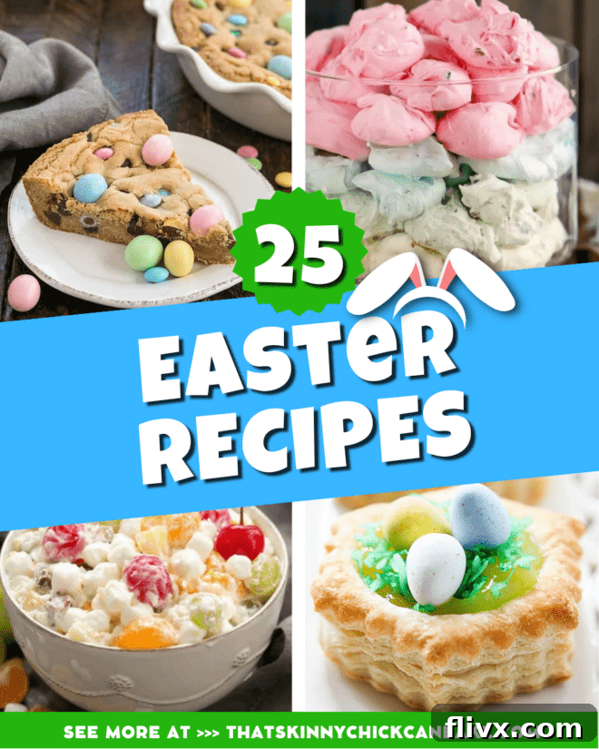 The Ultimate Easter Feast Collection 2 A collage featuring four appetizing Easter dishes: a cookie cake with candy, a glazed ham, colorful lemon sugar cookies, and a berry chantilly cake.