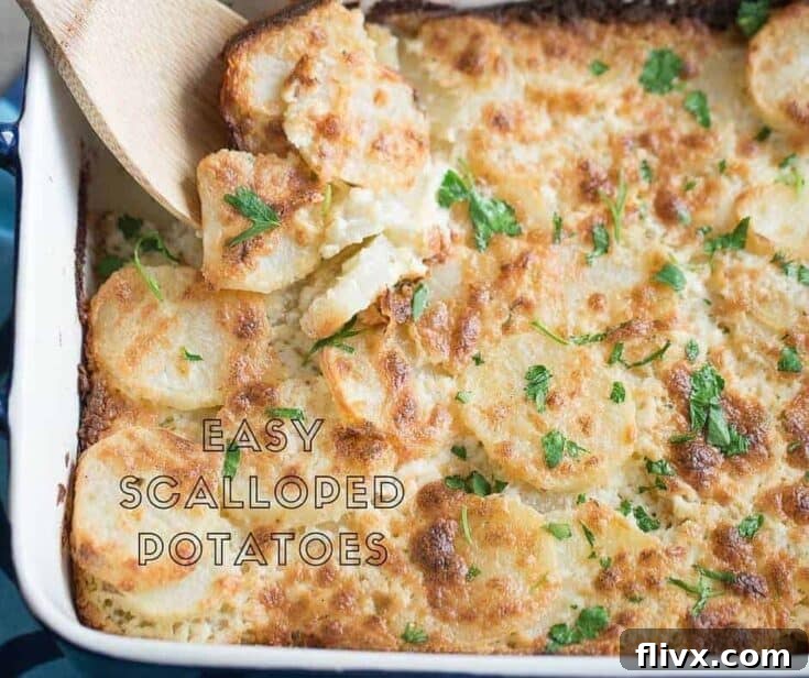 Easy scalloped potatoes enhanced with creamy Boursin cheese, baked in a gratin dish.