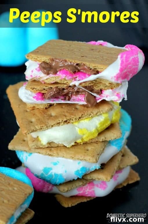Peeps s'mores made with colorful marshmallow peeps, chocolate, and graham crackers.