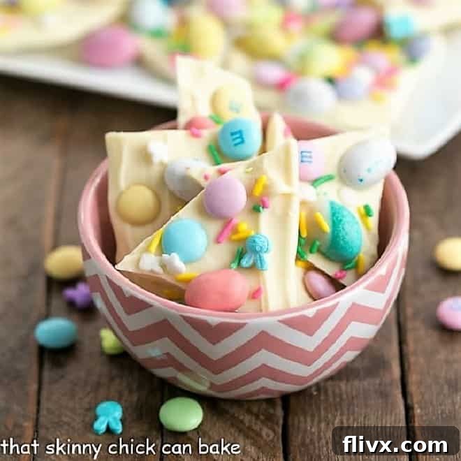 Easy white chocolate Easter bark with colorful M&Ms and sprinkles.