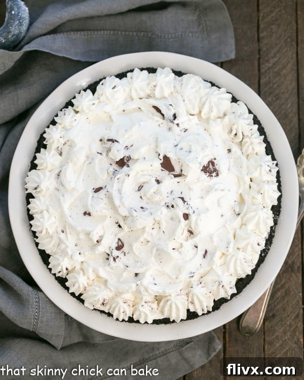 Overhead view of a Triple Chocolate Layer Pie Recipe, beautifully garnished.
