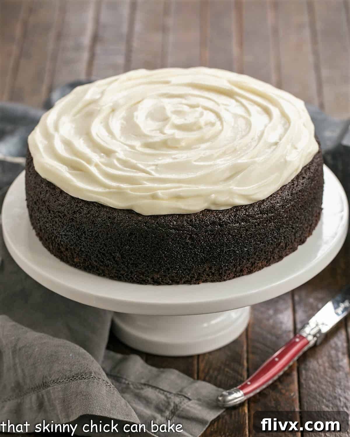 Rich chocolate one-layer cake infused with Guinness, topped with creamy cream cheese icing, perfect for St. Patrick's Day.