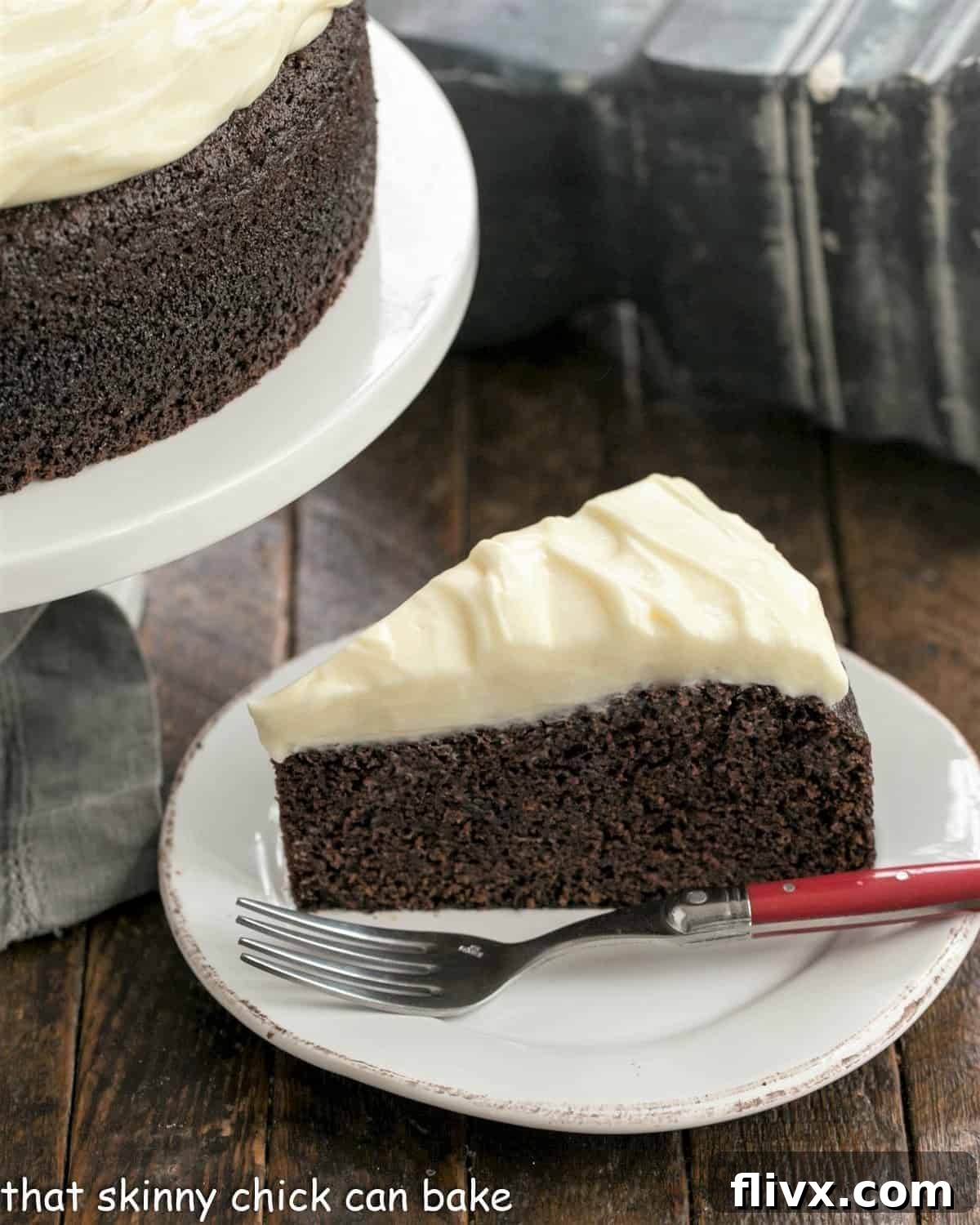 Overhead view of a perfectly frosted Chocolate Guinness Cake with a generous layer of cream cheese icing.