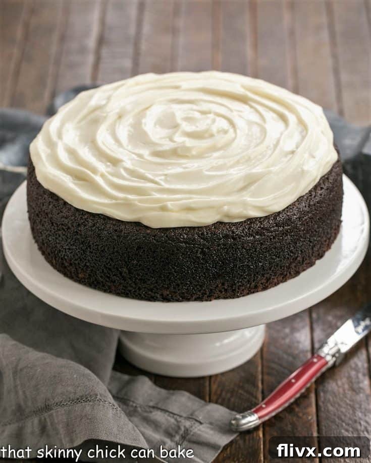 Chocolate Guinness Cake | Rich chocolate one layer cake spiked with Irish brew and topped with cream cheese icing