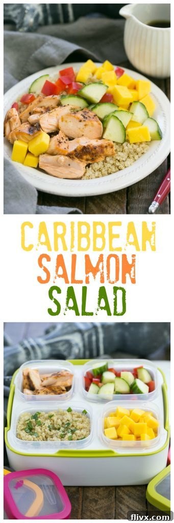 Delicious Caribbean Salmon Quinoa Salad, beautifully plated for a healthy and satisfying meal