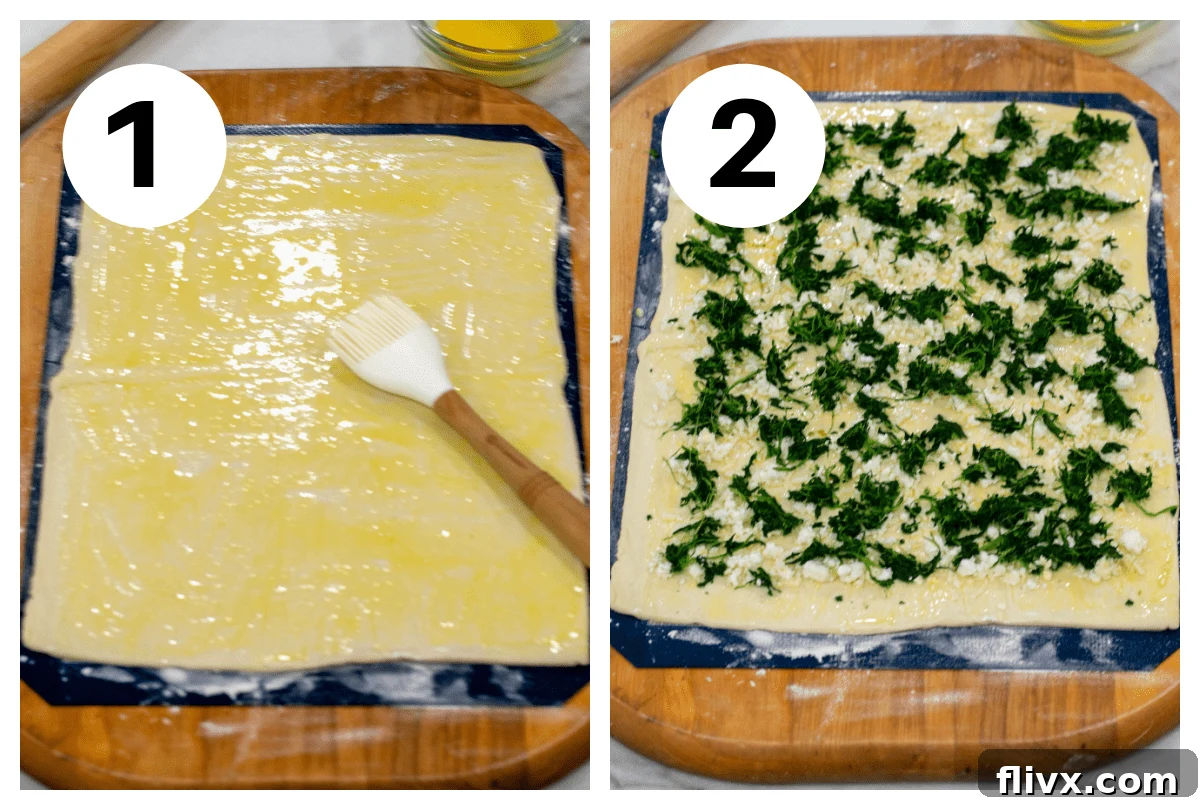 Sequential process shots showing step 1: preparing egg wash and filling, and step 2: spreading cheese and spinach on puff pastry.