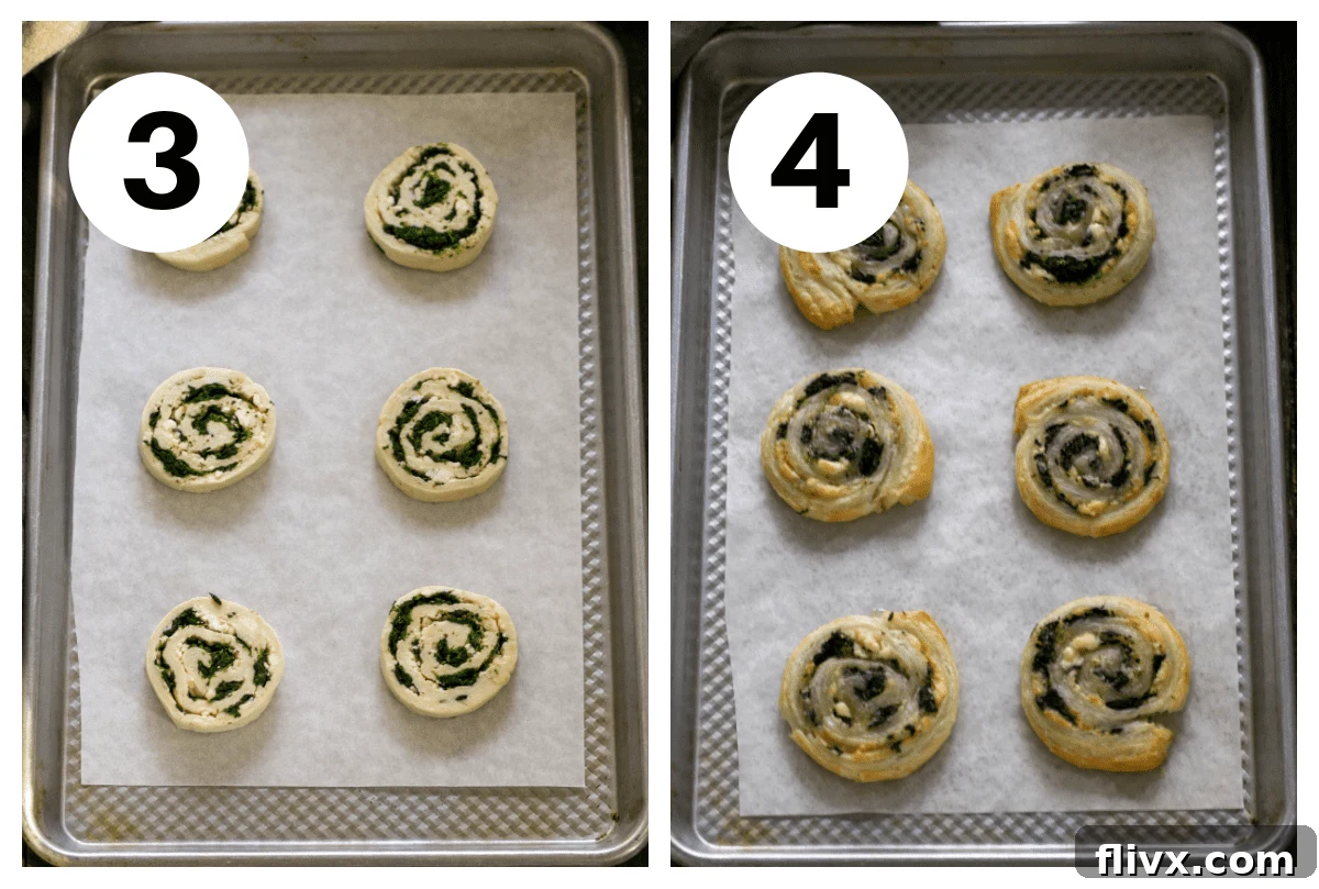 Sequential process shots showing step 3: rolling and slicing the pastry, and step 4: baking the pinwheels until golden.