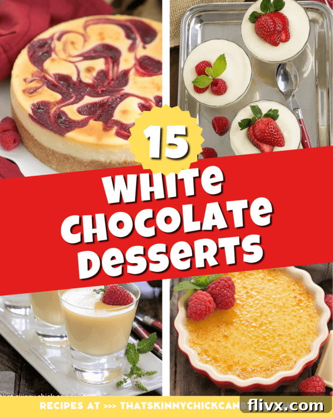 A vibrant collage featuring various white chocolate desserts, including cakes, cookies, and mousses, with a central text box highlighting 'Favorite White Chocolate Recipes'.