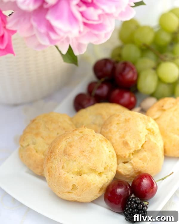 A pristine white tray brimming with golden brown Triple Cheese Gougères, artfully arranged alongside fresh fruits like vibrant grapes and juicy blackberries, hinting at their versatility as an appetizer.