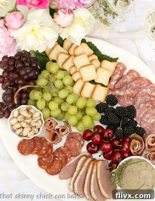 An inviting overhead view of a beautifully arranged charcuterie platter, featuring an assortment of cured meats, artisanal cheeses, fresh and dried fruits, nuts, and crackers, creating a vibrant spread for entertaining.