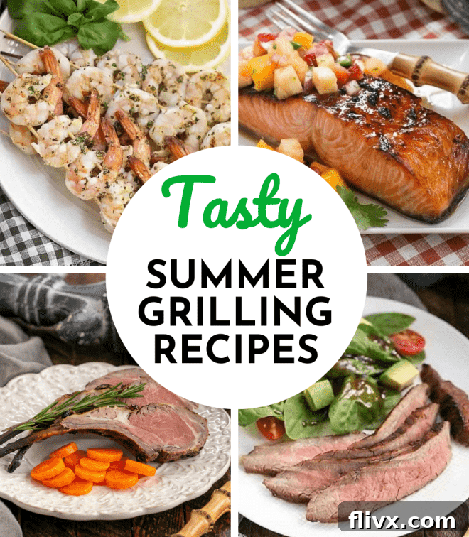 A collage featuring four mouth-watering grilled dishes: Honey Glazed Chicken Kabobs, Grilled Shrimp Scampi, Grilled Corn on the Cob, and Grilled Peach Melba. A circular text overlay reads 'Best Grilling Recipes' in the center, inviting viewers to explore delicious BBQ ideas for any season.