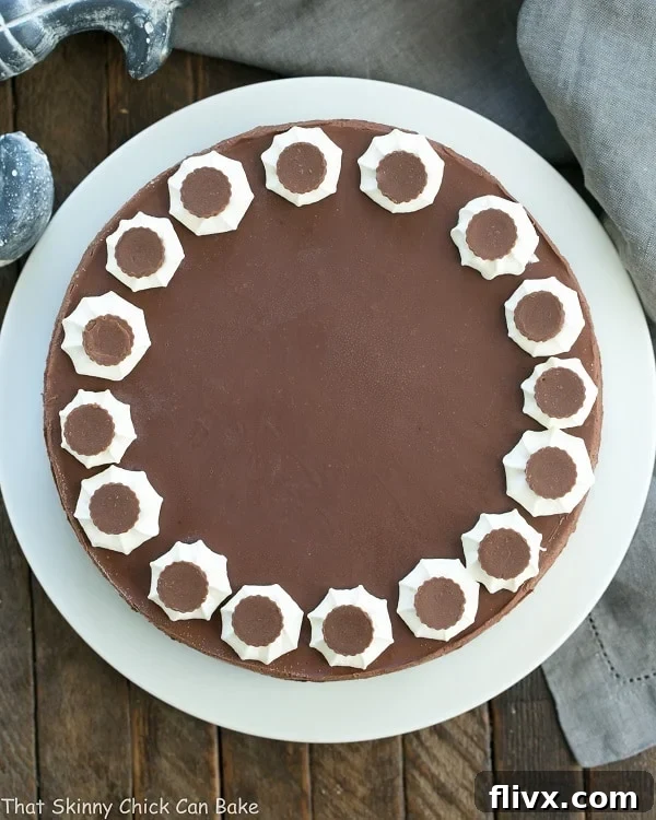 Overhead view of a Chocolate Peanut Butter Pie on a white cake plate.