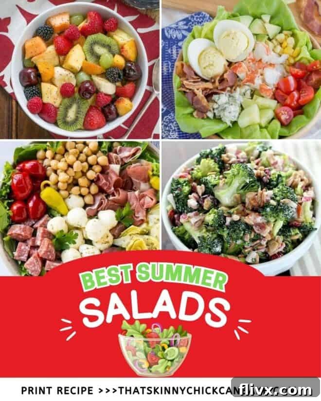 A vibrant collage showcasing four different refreshing summer salads over a title text box. Featuring a mix of green salads, pasta salads, and fruit salads, each photo highlights fresh, colorful ingredients perfect for warm weather dining.
