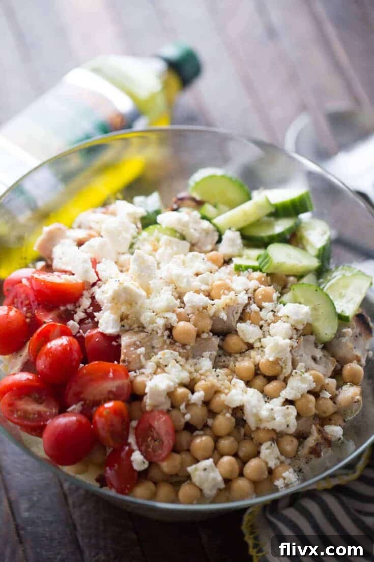 Chicken Souvlaki Pasta Salad with Greek Ingredients