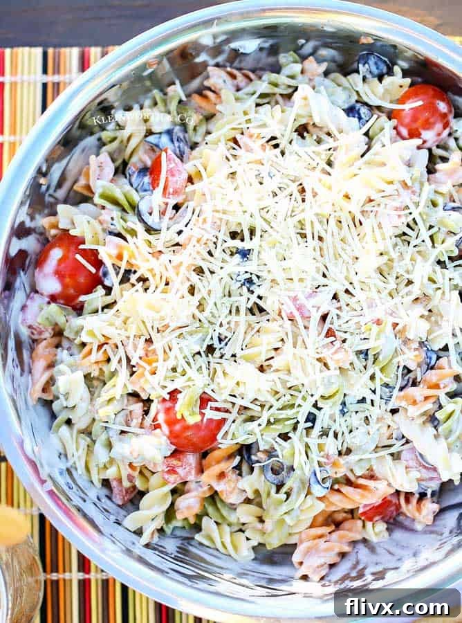 Parmesan Ranch Pasta Salad with Olives, Bacon, and Tomatoes