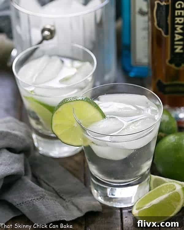 Two refreshing St. Germain Gin and Tonic Cocktails, garnished with fresh lime slices, set against a summer backdrop.