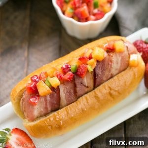 Bacon Wrapped Hot Dogs with Fruit Salsa - A gourmet summer entree.