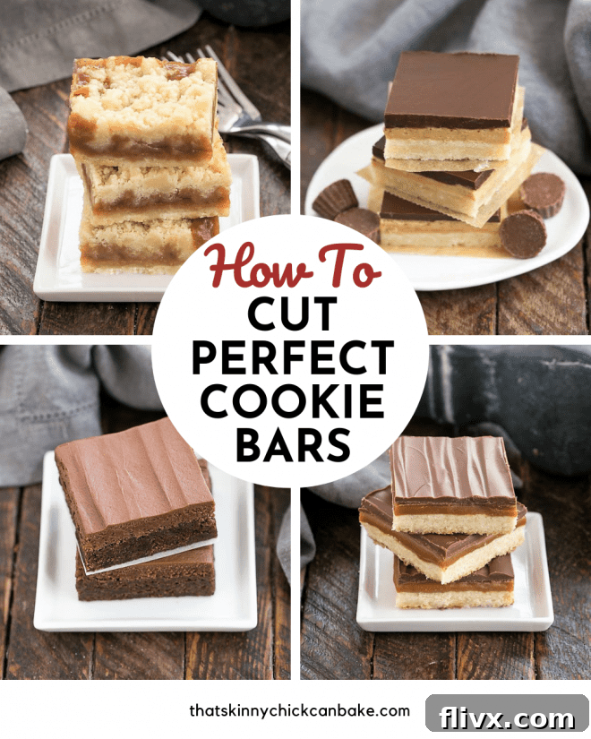 How to slice bar cookies collage with 4 photos illustrating various cutting steps and a round title box 'How to Cut Perfect Cookie Bars'