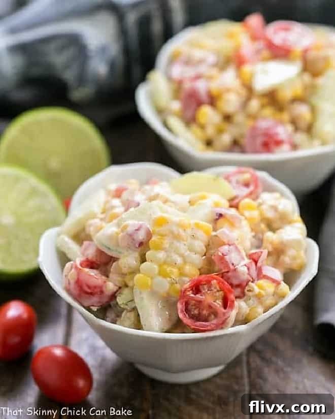 Two white tulip bowls filled with creamy Spicy Mexican Corn Salad, ready to serve.