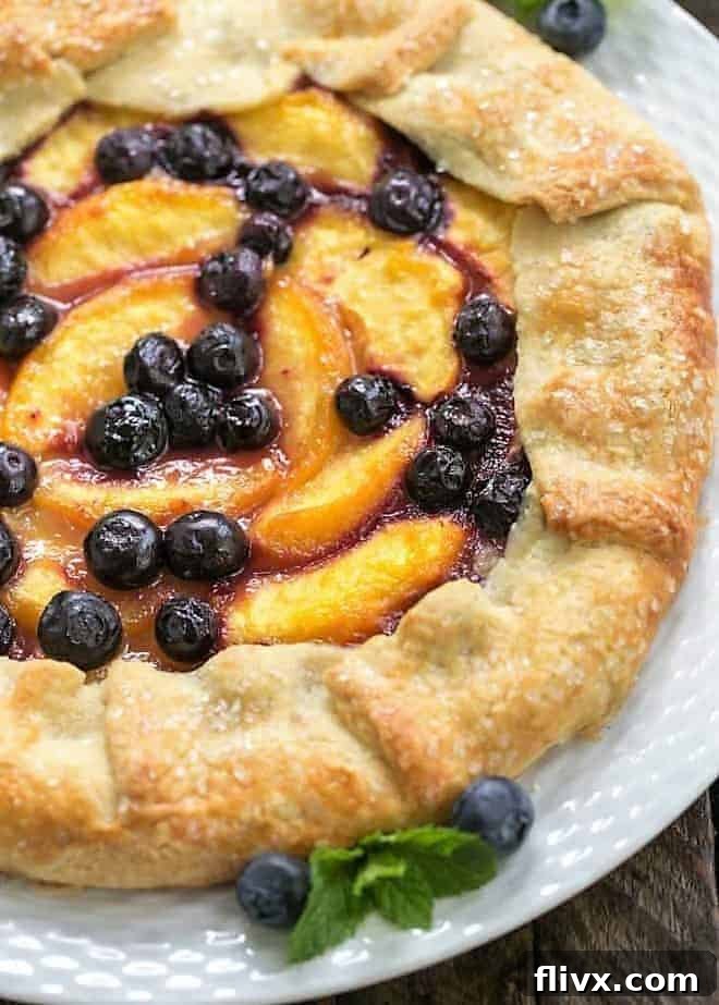 A tantalizing close-up of a slice of Peach Blueberry Galette, garnished with a fresh blueberry and a sprig of mint, showcasing the juicy fruit and flaky crust.