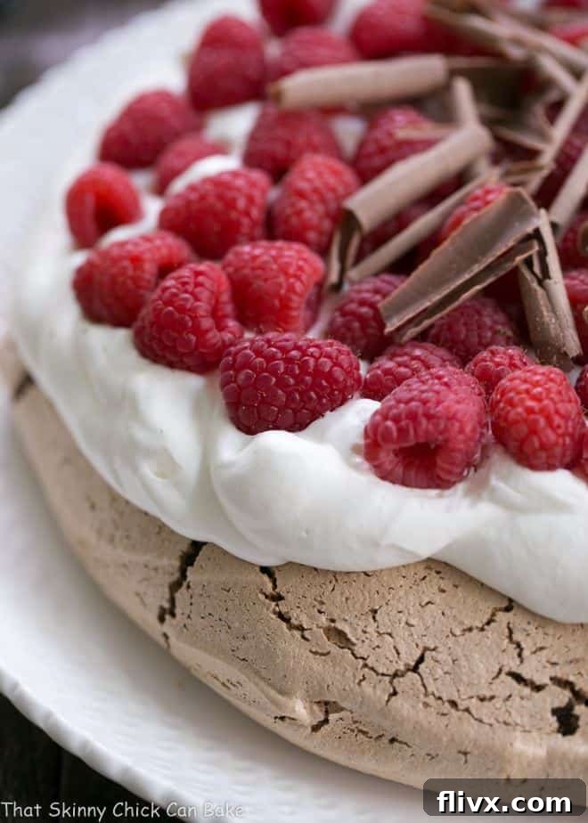 Close-up view of a slice of Chocolate Raspberry Pavlova on a white serving plate, highlighting its layers of cocoa meringue, whipped cream, and fresh raspberries.