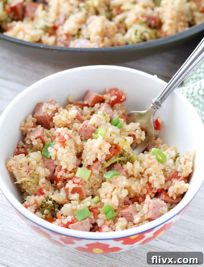 One Pan Cheesy Quinoa with Turkey Kielbasa